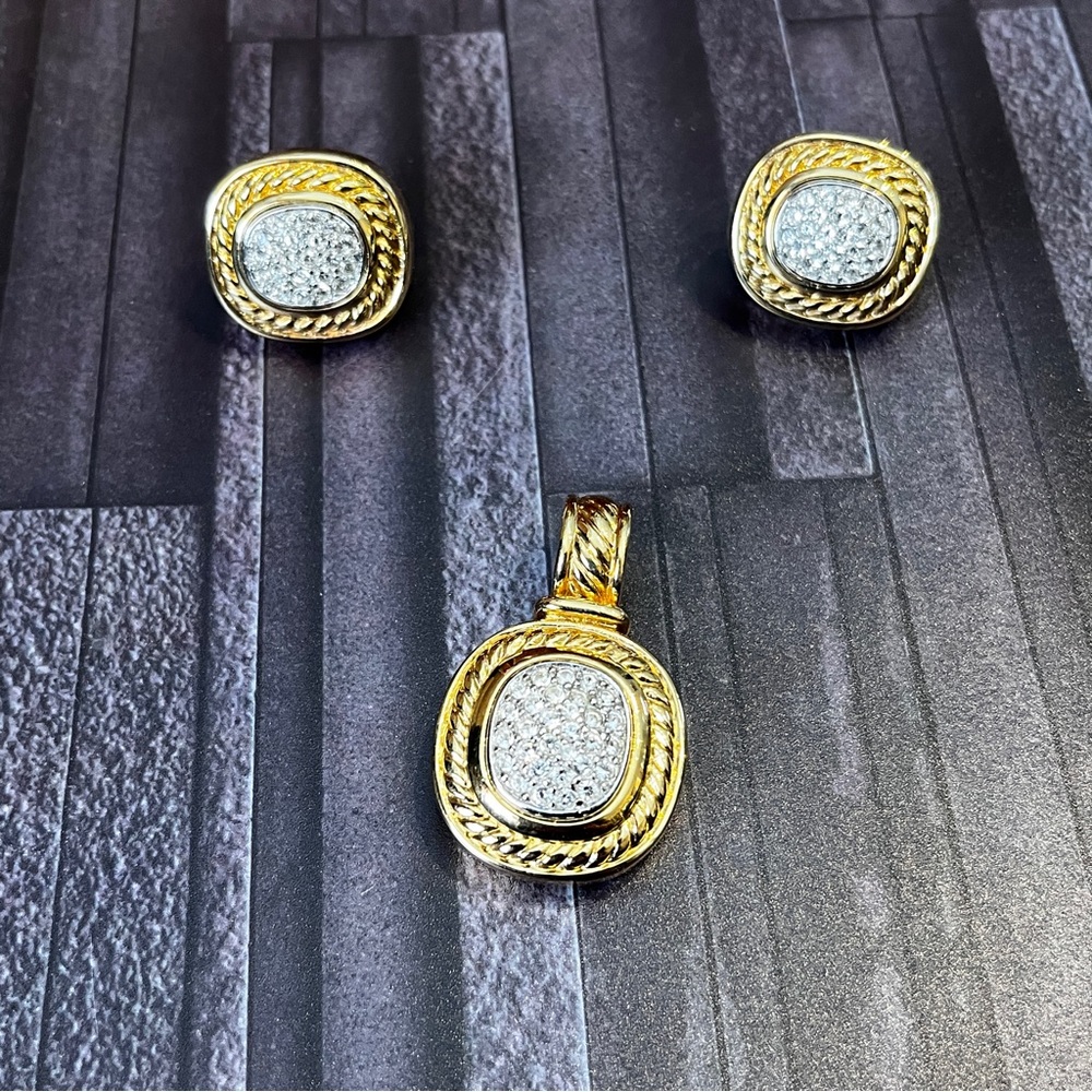 Clip On Earrings & Pendant with Intricate Metalwork and White Pave Gemstones